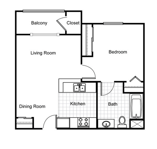 Floor plan for 1 bed, 1 bath, 550 sqft